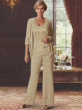 preiswerte Hosenanzüge für Mama-Strand Hochzeits-Jumpsuits Mutter der Braut Hochzeitsgast Eleganter Rundhalsausschnitt Knöchellang Chiffon Langarm mit Spitze 2025 kostenlose Maßanfertigung