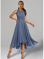 abordables Robes pour invitées de mariage-Robes de Mariage Invité A-Line Robe Élégante Formelle Fête de Mariage Longueur Thé Sans Manches Une Épaule Invité de Mariage Automne Chiffon avec Fronces 2025