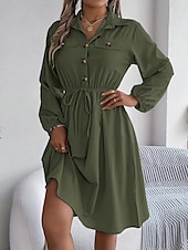 preiswerte schwarzes Midikleid-Damen Arbeitskleidung A Linie Kleid Modisch Täglich Arbeitsmode Bischof Midikleid Gefaltet Taste Hemdkragen Langarm Glatt Regular Fit Schwarz Wein Khaki Frühling Herbst S M L XL
