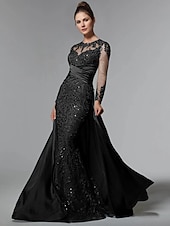 economico BLU-Abito da festa sirena Madre della Sposa Abito Ospite di matrimonio Elegante Collo gioiello Treno a strascico  spazzola Stretch raso Manica lunga con pizzo paillettes arricciato per impressionare 2025