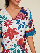 abordables Vestidos florales-Mujer Vestido Estampado Mini vestido Blanco Media Manga Flores Estilo Floral Estampado Verano Escote en Pico Vestidos XS S M