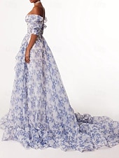 preiswerte Kleider für den-Damen Strandkleid Blumendruck asymmetrisch schulterfrei Laternenärmel langes Kleid Maxikleid süß stylisch Hochzeit Valentinstag Kurzarm Sommer Frühling