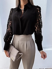 economico Top eleganti-Per donna Camicia Top eleganti Tinta unica Liscio Moda Moderno Manica lunga Rimborsate Colletto Ufficio Pizzo Occhiello Nero Bianco Estate Primavera Autunno