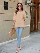 abordables Chemises-Femmes Chemise Chemises inspirées du lin Couleur Unie Fleuri Occasionnel Boho Manche 3/4 Manches au coude Col ras du cou Hauts Réguliers Vacances Soirée Quotidien Broderie Blanche Jaune Kaki Automne