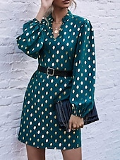voordelige Bloemenjurken-dames polkadot print getande hals mini jurk stijlvol feest dagelijks lange mouw herfst