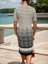 ieftine rochie midi neagra-Pentru femei Rochie de lucru Rochie A line Modă Zilnic Rochii Midi Bufantă Pătrat Manșon scurt Geometric Dunga Potrivire Largă Negru Vară L
