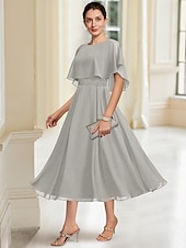 voordelige Vloerlengte-Strand Bruiloft A-Lijn Moeder van de Bruid Jurk Elegante Sierlijke Hals Thee Lengte Chiffon Halve Mouw met Kant maat op maat
