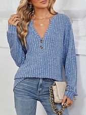 abordables Couleurs unies-Femme Pull Chandail mode Décontractées Couleur unie A côtes Col V Boutons manche longue Hauts réguliers Tricoter du quotidien Rose Claire Bleu Printemps Automne
