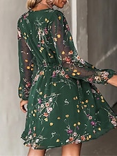preiswerte Elegante Blumenkleider-Damen Freizeitkleid formelles Kleid Blumendruck V-Ausschnitt Minikleid stilvoll lässig täglich Date Langarm Sommer