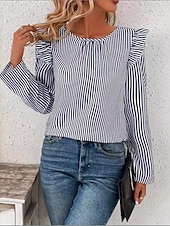 cheap Dressy Tops-Women&#039;s Tunic Striped Stylish Long Sleeve Crew Neck Work Daily Ruffle Asymmetric Hem Blue Spring Fall