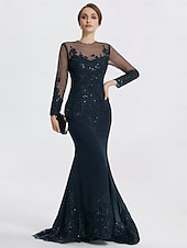 preiswerte SCHWARZ-Meerjungfrau Schwarzes Kleid Abendkleid Paillette Prom Kleid Funkelnd Formal Kleid Sweep  Brush Train Langarm Illusion Hals Spitze mit Applikationen Kleid für 2025 beeindrucken