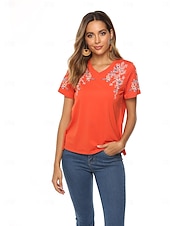 billige Blomster t-skjorte-Thanksgiving Day Dame Boho T-skjorte Blomstret Bohem Fritid Kortermet Lanterne Erme V-hals Lange topper Daglig Ut på byen Helg Gul Oransje Vår
