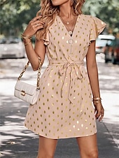 abordables Robes de travail-robe décontractée pour femme à pois, fermeture éclair, imprimé, col en V, mini robe élégante, décontractée, rendez-vous quotidien, manches courtes, été