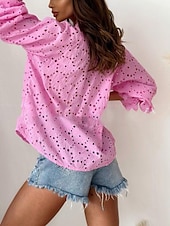 abordables Tops de Encaje-Tops de encaje elegante blanco para mujer blusa de ojales tops elegantes liso con botones cortes moda diaria cuello de camisa ajuste regular tops románticos petite ropa de verano vacaciones blanco