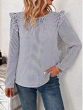 cheap Dressy Tops-Women&#039;s Tunic Striped Stylish Long Sleeve Crew Neck Work Daily Ruffle Asymmetric Hem Blue Spring Fall
