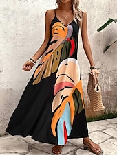 abordables Robes hawaïennes-Robe Maxi Femme Robe Solaire Robe A Line Robe Florale Stylée Flottante Vacances Décontractée Plage Coupe Ample Peinture à l&#039;Huile Sans Manches Col V Noir Été