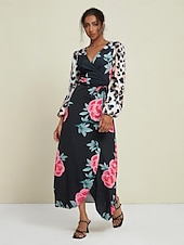 economico abito casual stampato-Abito maxi con scollo a V a maniche corte e stampa leopardata floreale per invitati al matrimonio in raso
