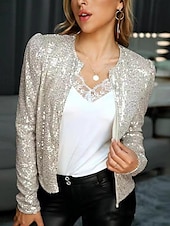 cheap Furs &amp; Leathers-Women&#039;s Casual Jacket Dailywear Sequin Solid Color Cool Regular Fit Outerwear Long Sleeve Spring Rose Gold S