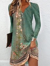 halpa Rento kukkainen mekko-Naisten Mini mekko Rento mekko Boho-mekko Kevätmekko Tyylikäs Vapaa-aika Loma Päivittäin Deitti Normaali Kukka Pitkähihainen Halkaistu kaula Sininen Tumman vihreä Oranssi Apila Syksy