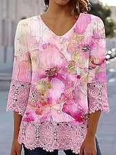 billige Blonder topper-Kvinne Elegant Blonde Topper Eyelet Bluse Avslappet Ombre Blomsterblonde Knapper 3 4 Lengde Erme Reguliære Topper V Hals Daglig Romantisk Petite Topper Sommer Ferie Bruke Svart Rosa Blå Grønn Vår Høst