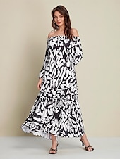 abordables robe décontractée imprimée-robe longue en satin à épaules dénudées et imprimé graffiti abstrait