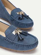billiga Lätta damskor-dam loafers i blå mocka med tofsar – bekväma slip-on mockasiner för vardagligt och vardagsbruk