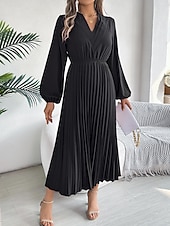 economico maxi abito nero-Per donna Abito da lavoro Abito linea A Di tendenza Ufficio Moda da lavoro Rimborsate Abito lungo Abito lungo A pieghe A V Manica lunga Liscio Standard Nero Vino Marrone Primavera Autunno S M L XL