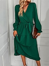 preiswerte abendkleider-Damen Casual kleid Maxidress mit Schnürung Rüsche Verabredung Urlaub Elegant Strassenmode V Ausschnitt Langarm Schwarz Rosa Dunkelgrün Farbe