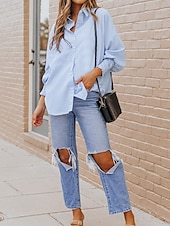 voordelige Vrouwen Werk Tops-dames overhemd blouse casual gestreept knopen zak lange mouw normale tops overhemd kraag dagelijks zwart blauw lente&amp;amp;  val