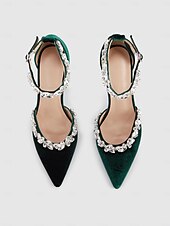 cheap Cocktail-Women&#039;s Green Velvet Block Heel Pumps with Rhinestone Ankle Straps for Weddings and Formal Events