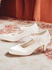 tanie Panna młoda-Damskie, koronkowe, kości słoniowej, sandały na niskim obcasie typu Mary Jane z klamrą i okrągłym noskiem, eleganckie, ślubne czółenka na śluby w pomieszczeniach, oficjalne przyjęcia i romantyczne panny młode