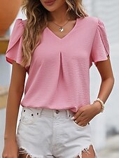 preiswerte Einfache Blusen-Damen Bluse Elegante Oberteile Gerafft Einfarbig Einfach Elegant Basic Kurzarm V Ausschnitt Normale Oberteile Täglich Blau Schwarz Weiß Rosa Sommer