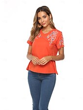 billige Blomster t-skjorte-Thanksgiving Day Dame Boho T-skjorte Blomstret Bohem Fritid Kortermet Lanterne Erme V-hals Lange topper Daglig Ut på byen Helg Gul Oransje Vår