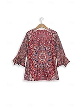 ieftine tricou boho-Pentru femei Tricou Cămașă Henley Floral Epocă Έθνικ Zilnic De Bază Lungime Manșon 3/4 În V Topuri obișnuite Concediu Sfârșit de săptămână Nasturi Imprimeu Roșu-aprins Mov Trifoi Kaki Gri Toamna iarna