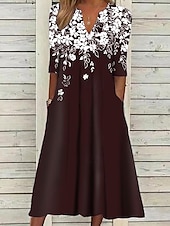 billiga Blommig klänning-Kvinnors Midi Klänning Tunika Klänning Blommig Ficka V-Hals Midi Klänning Elegant Stilig Daglig Halv Ärm Sommar Vår