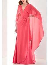 cheap RED-Beach Wedding Sheath Evening Gown Elegant Dress Formal Fall Ankle Length Long Sleeve V Neck Chiffon with Ruched Ruffles