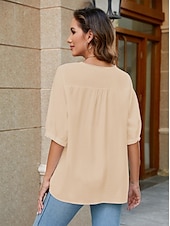abordables Chemises-Femmes Chemise Chemises inspirées du lin Couleur Unie Fleuri Occasionnel Boho Manche 3/4 Manches au coude Col ras du cou Hauts Réguliers Vacances Soirée Quotidien Broderie Blanche Jaune Kaki Automne