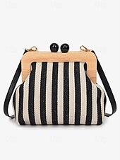 olcso Retikülök és estélyi táskák-női csíkos vászon crossbody táska – retro favázas kis válltáska állítható pánttal – fekete és bézs, ideális hétköznapi kirándulásokhoz és utazásokhoz