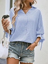 economico Bluse a righe e geometriche-Per donna Camicia Asimmetrico A righe Elegante Moderno Manica 3/4 Manica a Balze Colletto a Camicia Lavoro Blu Verde Estate Primavera Autunno
