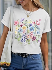 preiswerte Blumen-T-Shirt-Damen T Shirt Blumen Basic Lässig Kurzarm Rundhalsausschnitt Normale Oberteile Täglich Druck Schwarz Weiß Blau Purpur Sommer