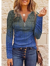 preiswerte Boho-T-Shirt-Damen T Shirt Spitzenreiter ausgehen Graphic Täglich Basic Langarm V Ausschnitt Troyer Halber Reißverschluss Normale Oberteile Täglich Wochenende Bedruckt Viertel Postleitzahl Rote Blau Purpur Orange