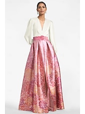 cheap FLORALS-A-Line Evening Gown High Split Dress Formal Wedding Guest Floor Length Long Sleeve V Neck Belt / Sash Satin with Floral Print Slit Wedding Guest Dress