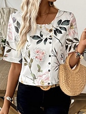 billige Blomstrete topper-Kvinnes Skjorte Bluse Elegant Blomstertrykk Kort Sleeve Vanlige Topper Crew Neck Daglig Lin Som Lys Grønn Sommer