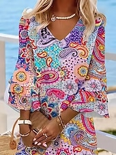 preiswerte Boho Kleider-Damen Minikleid Halbformelles Kleid Minikleid Sommerkleid A Linie Kleid Stilvoll Rüschenärmel Ausgestellter Ärmel Urlaub Normale Passform Paisley-Muster Dreiviertelarm V Ausschnitt Magenta Hellgrün