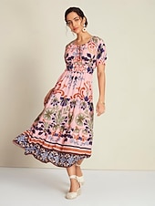 levne Květinové šaty-Dámské Elegantní šaty Midi šaty Světlá růžová Krátký rukáv Květinový Šňůrky Jaro léto Šněrování na krku Elegantní šaty Rande S M L