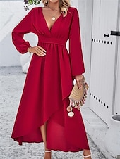voordelige Chiffon Jurken-Dames Maxi-jurk Casual jurk Cocktail jurk Bruiloft gast jurk Chiffon jurk Elegant Maxi Casual Werk Straat Feestdagen Normale pasvorm Lange mouw V-hals Zwart Rood Marineblauw Groen Herfst