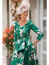 cheap Floor Length-A-Line Mother of the Bride Dress Elegant V Neck Tea Length Satin 3/4 Length Sleeve with Sash / Ribbon Wedding Guest Dress free custom size