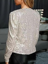 cheap Furs &amp; Leathers-Women&#039;s Casual Jacket Dailywear Sequin Solid Color Cool Regular Fit Outerwear Long Sleeve Spring Rose Gold S