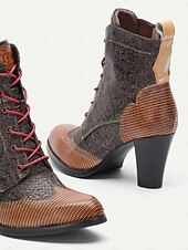 cheap Cowboy &amp; Western Boots-Women&#039;s Vintage Lace-Up Ankle Boots - Stylish Patchwork High Heels for Oktoberfest, Casual, and Formal Wear