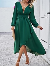 voordelige Chiffon Jurken-Dames Maxi-jurk Casual jurk Cocktail jurk Bruiloft gast jurk Chiffon jurk Elegant Maxi Casual Werk Straat Feestdagen Normale pasvorm Lange mouw V-hals Zwart Rood Marineblauw Groen Herfst